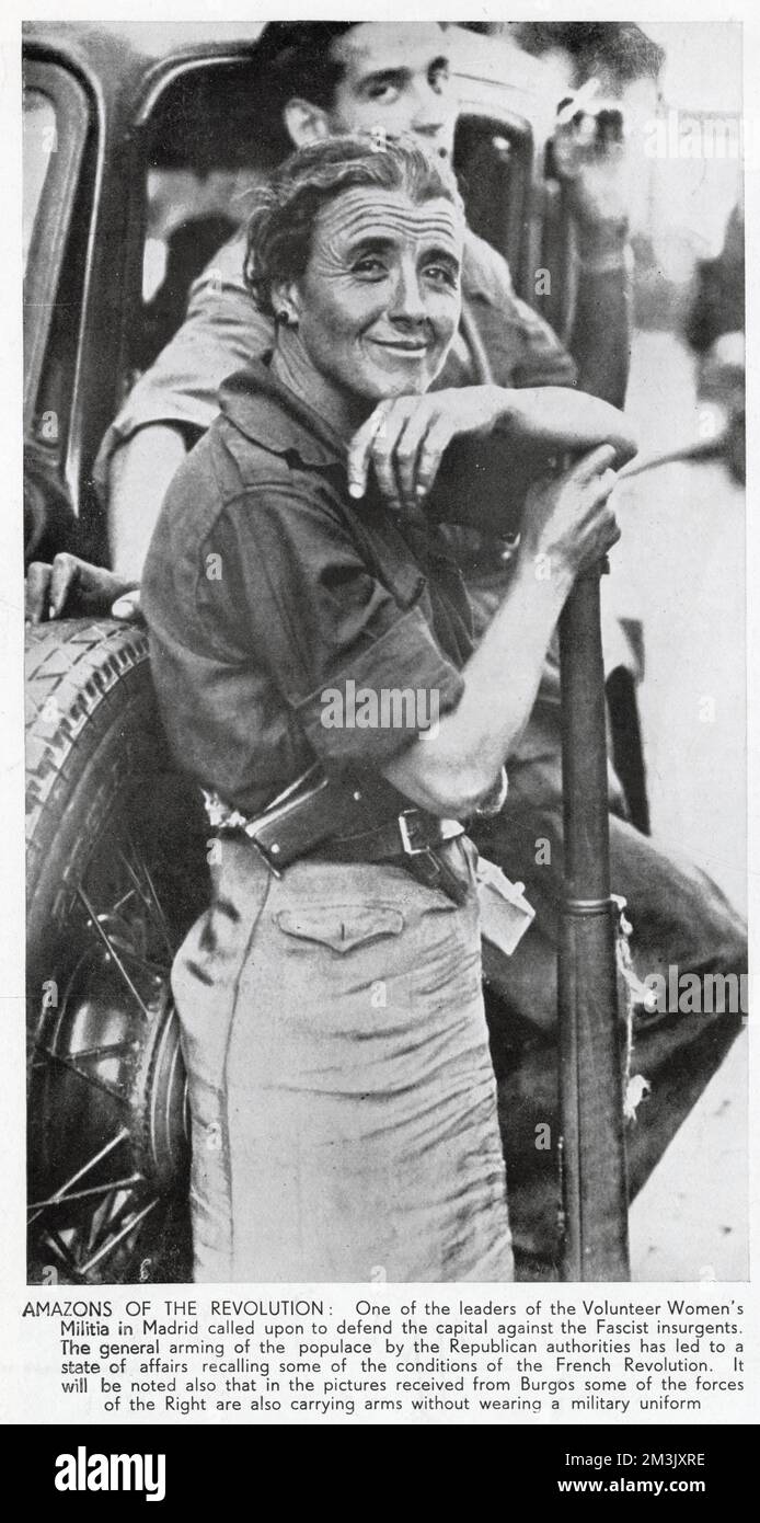 Einer der Mitglieder der Freiwilligen Frauenmiliz, 1936 in Madrid abgebildet. Milizen wie diese leisteten der republikanischen Regierung im Spanischen Bürgerkrieg wertvolle Dienste. Stockfoto