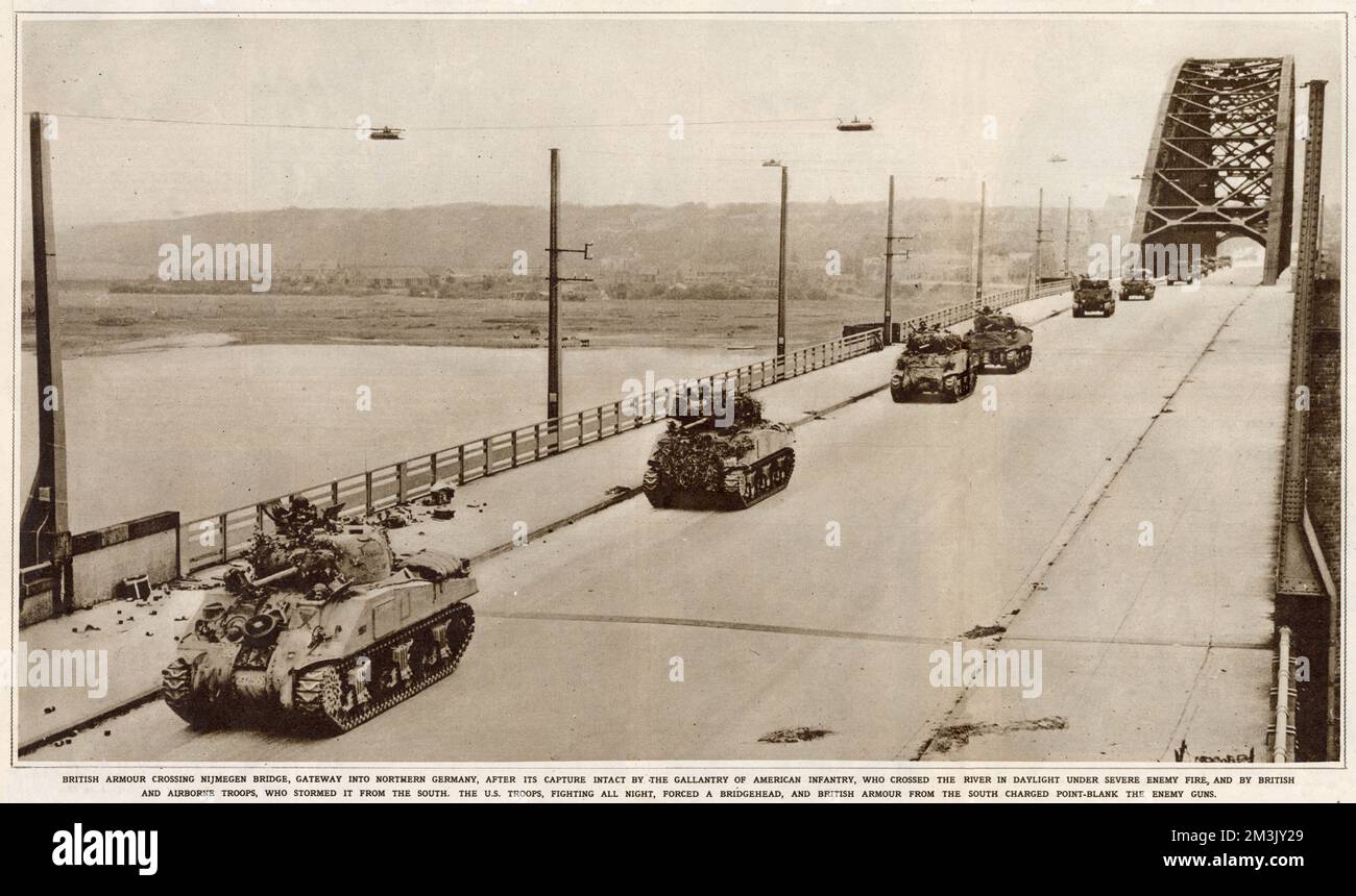 Britische Panzer auf der Nijmegen-Brücke; zweiter Weltkrieg 1944 Stockfoto