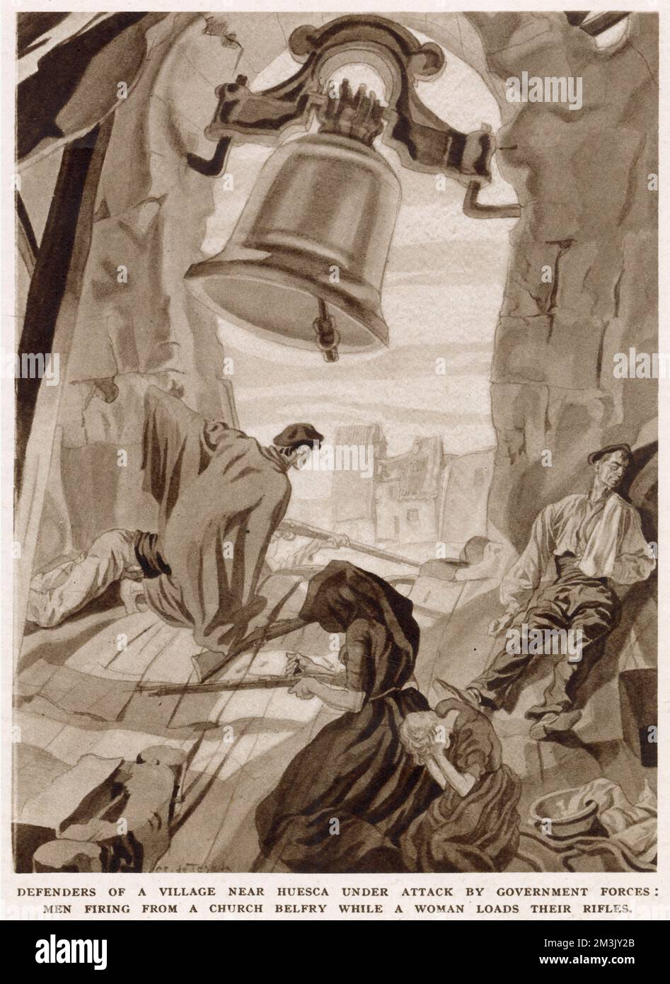 Zwei nationalistische Soldaten feuerten ihre Waffen von einem Glockenturm aus, während eine Frau ihre Gewehre nachlud, während des Spanischen Bürgerkriegs 1937. Diese Illustration wurde von einem nationalistischen Unterstützer in einem Dorf in der Nähe von Huesca angefertigt. Stockfoto