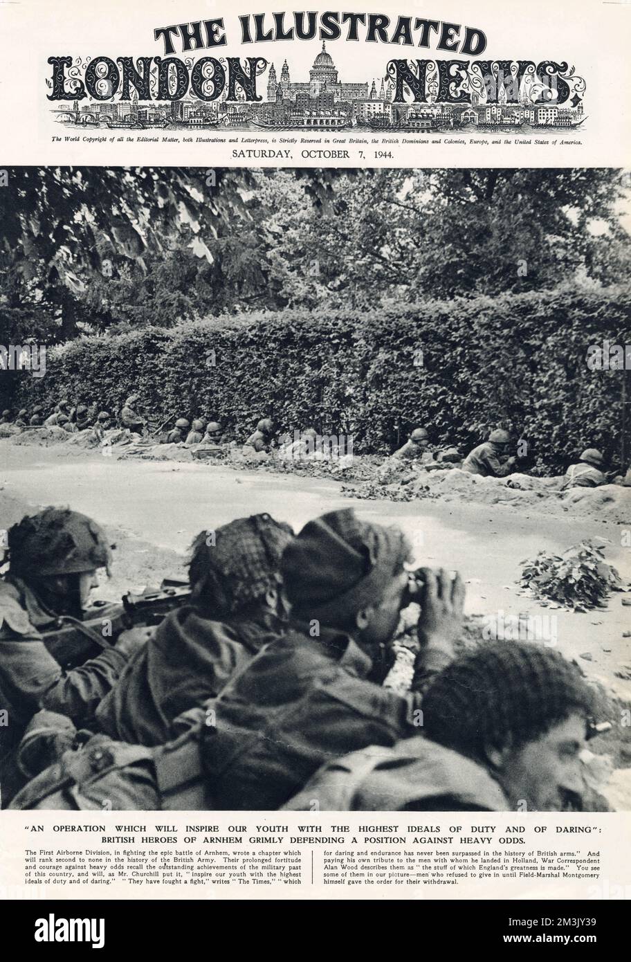 Eine Einheit der British First Airborne Division, in flachen Schützengräben entlang einer Straßenseite nahe Arnheim, September 1944. Am 17. September 1944 wurde die Operation "Market Garden" in die Tat umgesetzt; ein mutiger Plan, den Feldmarschall Montgomery entworfen hatte, um tausende von Luftstreitkräften nach Holland abzusetzen, um eine Invasionsroute nach Deutschland zu erobern. Die britische First Airborne, die amerikanische 81.- und 101.-Division nahmen an dem Plan Teil, der letztendlich erfolglos war. Stockfoto