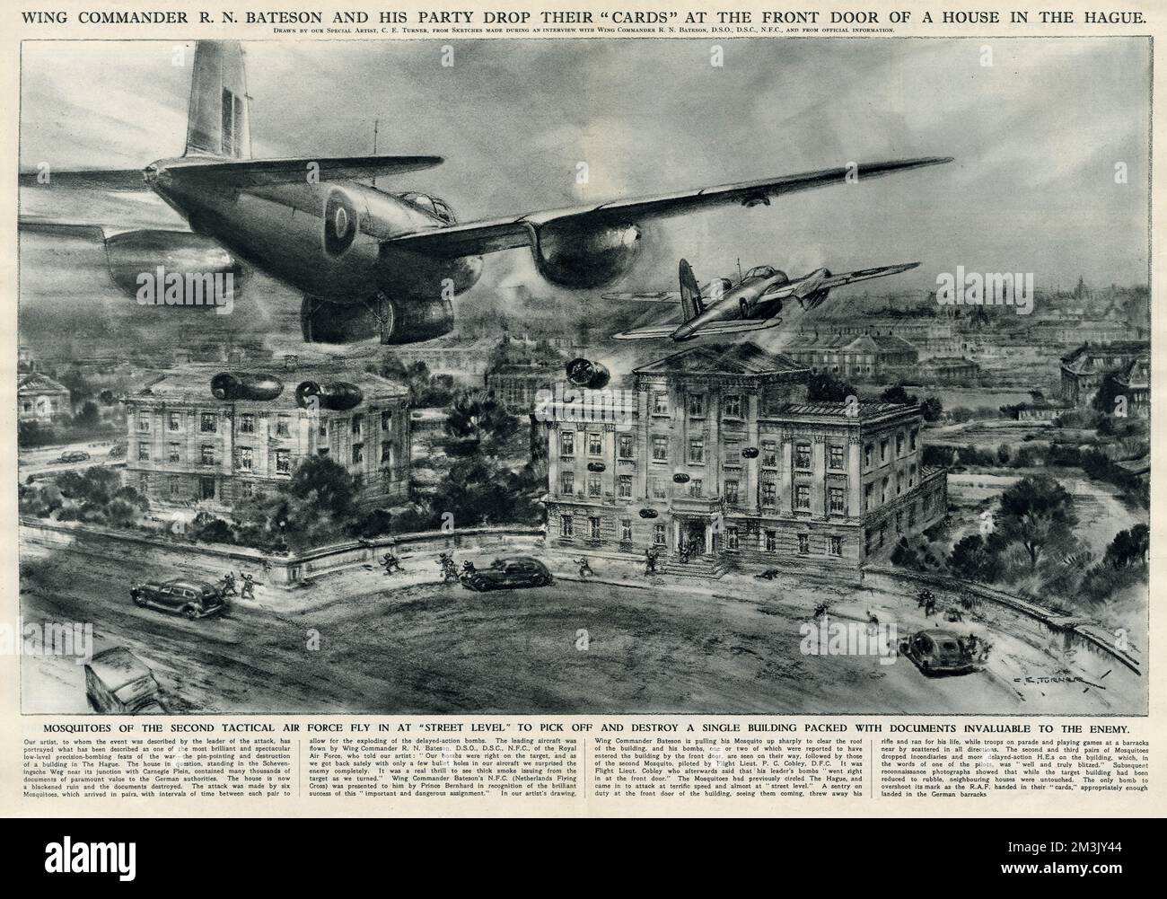 Zwei Moskitos der Royal Air Force werfen während des Zweiten Weltkriegs Bomben auf ein von Nazis besetztes Haus in Den Haag. Das führende Flugzeug wurde von Wing Commander R.N. geflogen Bateson und ist hier rechts zu sehen und zieht sich stark nach oben, um das Gebäude nicht zu treffen. Datum: 1944 Stockfoto