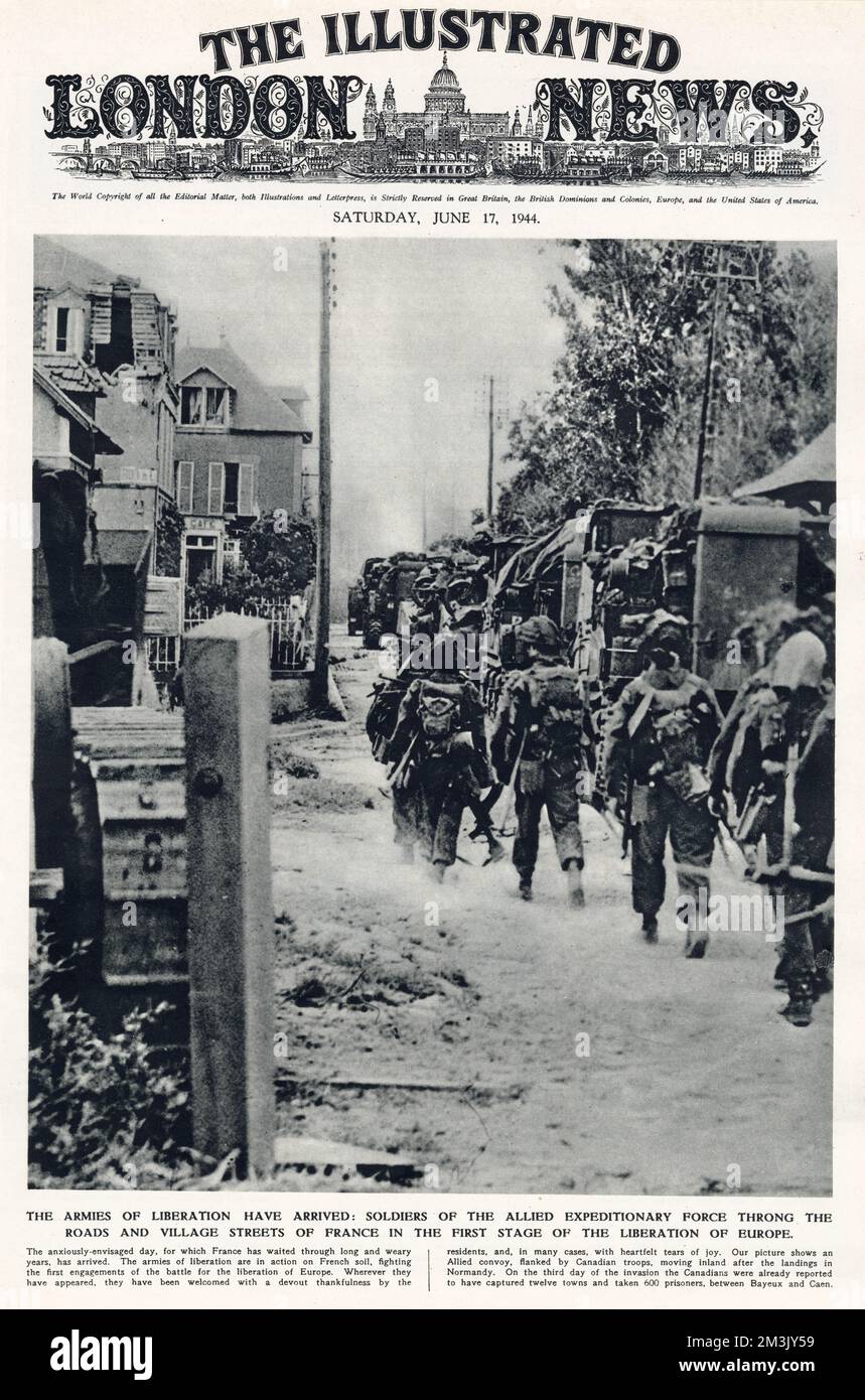 Eine Einheit der alliierten Infanterie, die sich durch ein französisches Dorf bewegt, kurz nach der alliierten Invasion der Normandie im Juni 1944. Die Operation "Overlord", die alliierte Invasion des besetzten Europas, wurde am 6. Juni an den Stränden von Normany in Frankreich in Aktion gesetzt. Dieses Foto wurde kurz darauf aufgenommen. Stockfoto