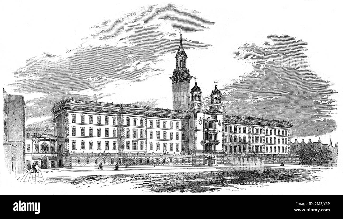 Außenansicht des neuen Gebäudes im Guy's Hospital 1852. Guy's Hospital, gegründet 1721 von Thomas Guy, auf einem Gelände in der Nähe der London Bridge. Er starb vier Jahre später, hinterließ aber einen großen Fonds für das Krankenhaus. Stockfoto
