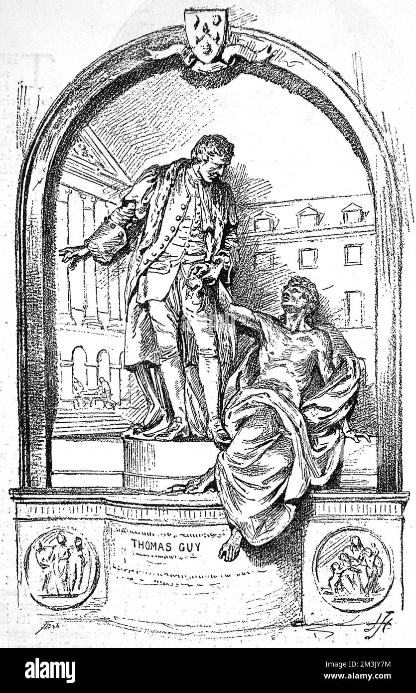 Das Grab von Thomas Guy in der Kapelle in Guys Krankenhaus. Er wurde 1644 geboren, schloss seine Ausbildung ab und repräsentierte Tamworth im Parlament. Dann zog er nach London und verbrachte acht Jahre als Buchhändler-Lehrling. Mit seinem geschickten Geschäftssinn machte er sein Vermögen mit Investitionen und Druck. Im Jahr 1704 wurde Guy zum Direktor des St. Thomas's Hospital ernannt und durch seine Spenden für drei neue Stationen bezahlt. Im Alter von 76 Jahren gründete er Guy's Hospital auf einem Gelände in der Nähe der London Bridge. Er starb vier Jahre später, hinterließ einen großen Fonds für das Krankenhaus. Stockfoto