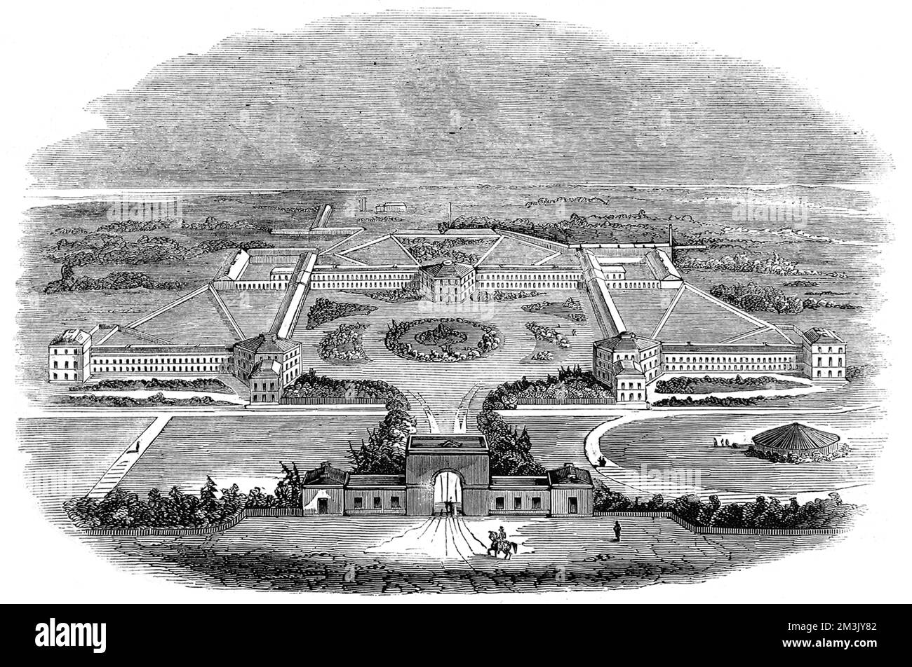 Außenansicht des Hanwell Asylsystems im Nordwesten Londons. Die Anstalt wurde 1831 am Stadtrand von London eröffnet. Die Patienten wurden ermutigt, sich selbst zu versorgen, in PRISITION zu arbeiten und die lokalen Industrien mit ihren Produkten zu versorgen. Die Zeichnung wurde auf einem Basar aufgenommen, der von der Anstalt aufgenommen wurde und die Arbeit der Patienten verkaufte. 1843 Stockfoto