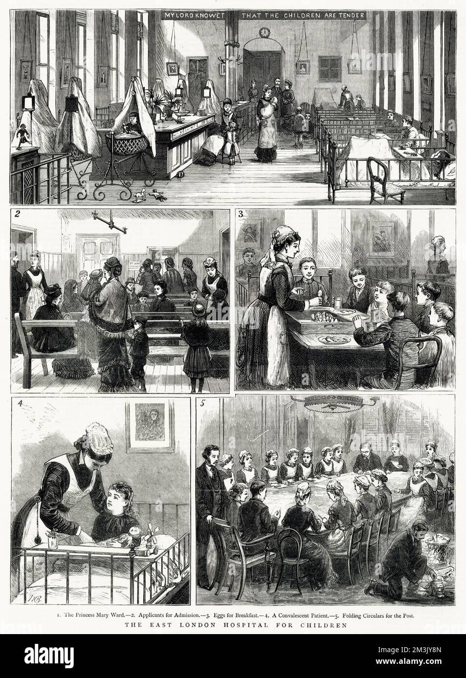 Fünf Bilder des Krankenhausinneren im Jahre 1878. 1, oberes Bild zeigt Prinzessin Mary ward. 2, Mitte links, Bewerber warten auf Aufnahme. 3, Mitte rechts, das Frühstück. 4, unten links, pflegen einen Patienten. 5, unten rechts, faltbare Rundstäbe für den Pfosten. Stockfoto