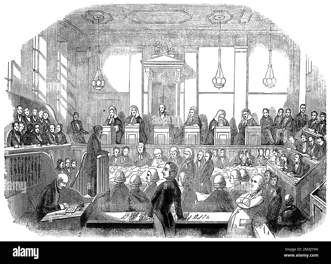 Eine Skizze des Gerichtssaals in Old Bailey, in dem der Prozess gegen M' Naughten stattfand, für den Mord an Edward Drummond, dem Sekretär von Premierminister Sir Robert Peel. Mr. M. Naughten war auf Sir Robert Peel fixiert, und bei seinem Attentat schlug er Drummond. Der Prozess wurde berüchtigt und wird heute noch angeführt, da er auf Unzurechnungsfähigkeit plädierte und daher nicht vor Gericht gestellt wurde. 1848 Stockfoto
