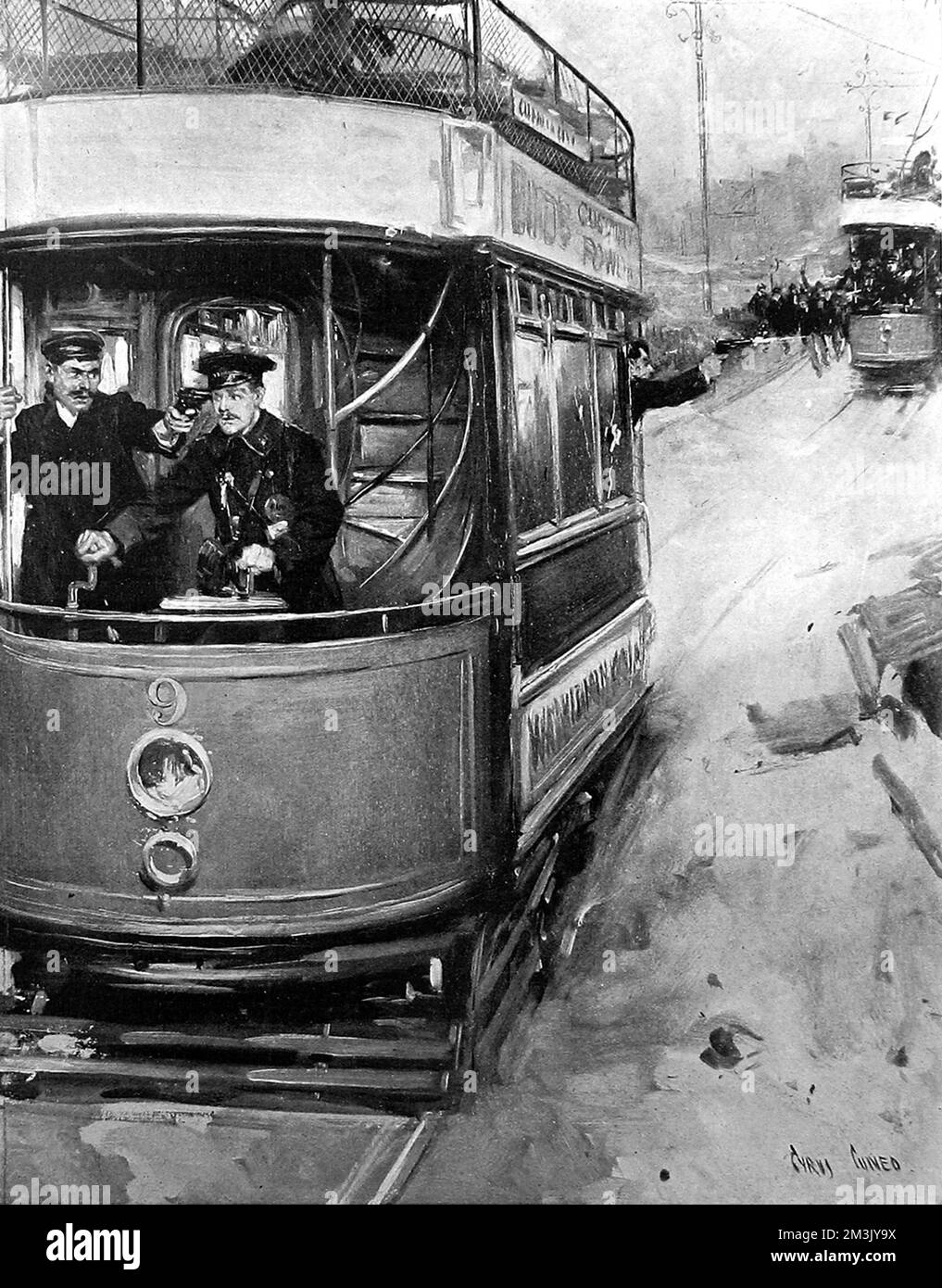 Eine Verfolgungsjagd zwischen Polizei und russischen Anarchisten in Tottenham, London. Charles Wyatt, der Schaffner, wurde am Waffenpunkt gezwungen, die Straßenbahn zu fahren. Ein zweiter Russe schoss auf die Verfolgungspolizei vom hinteren Bahnsteig aus während der 8-Meilen-Verfolgung 1909. Datum: 1909 Stockfoto