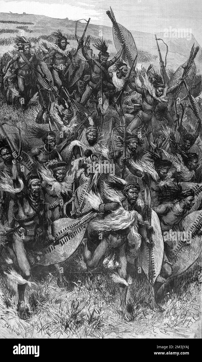 Zulu-Krieger in vollem Kampfkleid mit Flöten um den Hals und raffinierten Kopfkleidern, die sich selbst in den Kampf stürzen, Schilde und Gewehre tragen. Datum: 1879 Stockfoto
