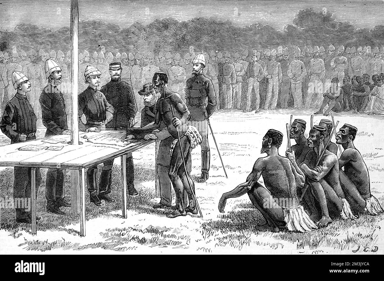 Das Ende des Zulu-Krieges. Zulu-Häuptlinge unterzeichnen den Frieden Stockfoto