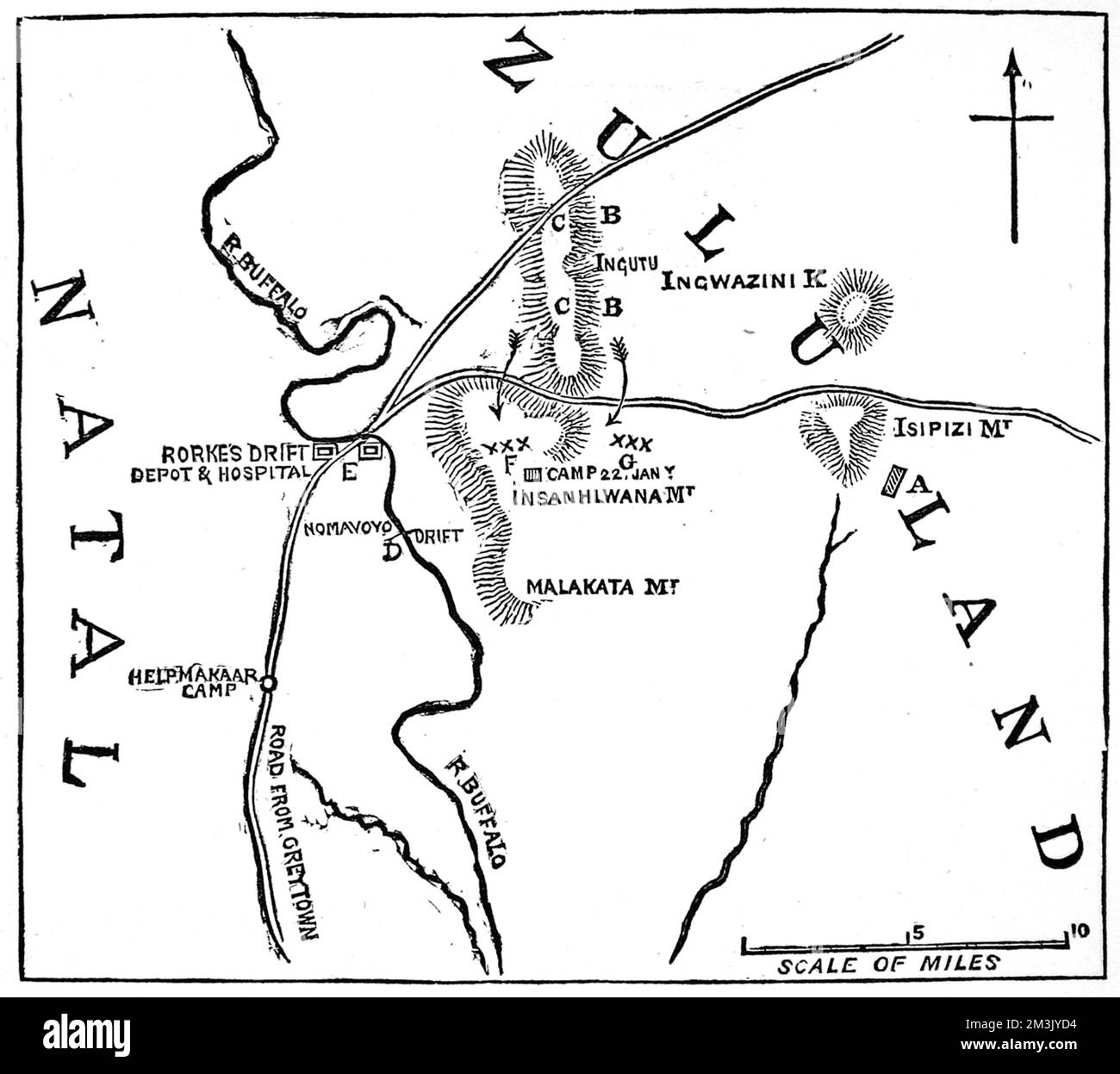 Skizze, die die Grenze zwischen Zululand und Natal zeigt, wo die Schlacht von Isandlwana stattfand. Datum: 1879 Stockfoto