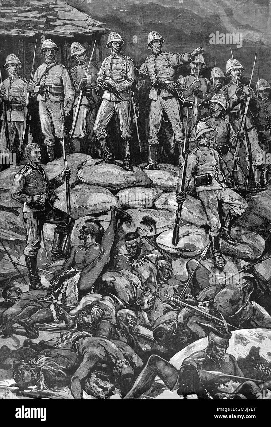Der tote Zulus hat sich gegen Sandbänke und Befestigungsanlagen gestürzt, britische Offiziere mit Gewehren und Bajonetten über ihnen, die den Mythos verewigen, dass Rorkes Drift ein wichtiger Sieg war, obwohl die britische Armee am selben Tag, am 22. 1879. Januar, in Isandhlwana eine ihrer erniedrigendsten Niederlagen erlitten hatte, Wo sie von der zulu-Armee umgeleitet wurden. Rorke's Drift wurde erfolgreich verteidigt, aber es war ein winziges und unbedeutendes Fort. Datum: 1879 Stockfoto