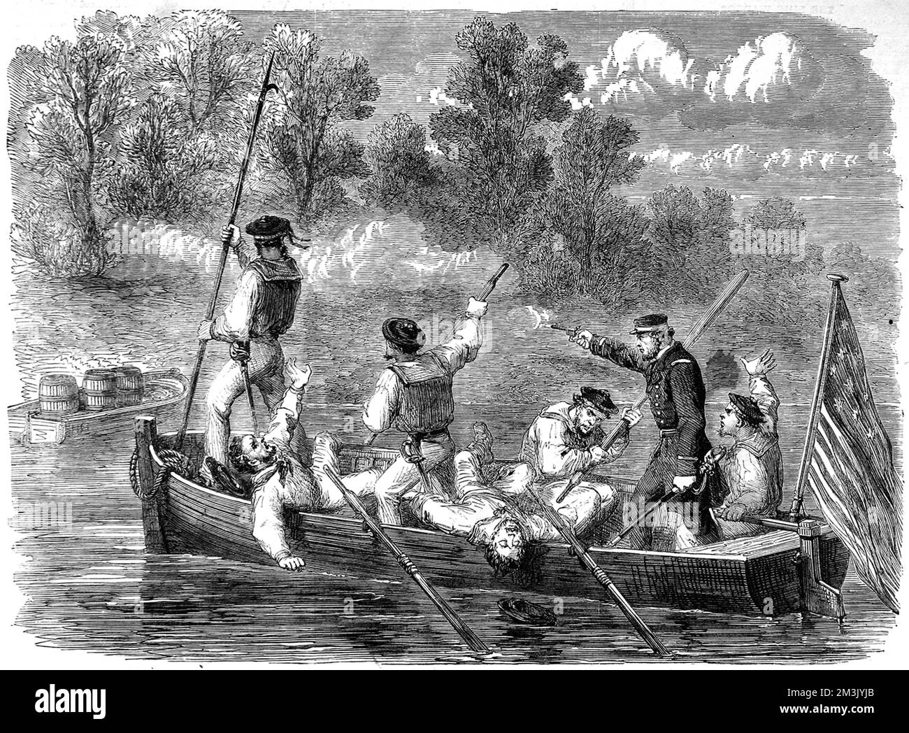 Amerikanischer Bürgerkrieg. Konföderierte fangen die Mannschaft eines Bootes ein Stockfoto