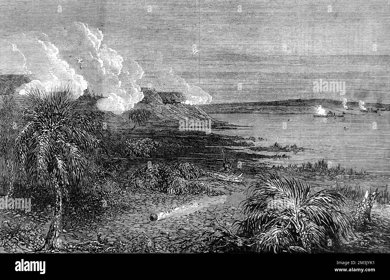 Bundesgewehrboote attackieren Fort McAllister, was den wachsenden Erfolg der Unionisten Navy unter Flaggenoffizier Farragut widerspiegelt. Datum: 1863 Stockfoto