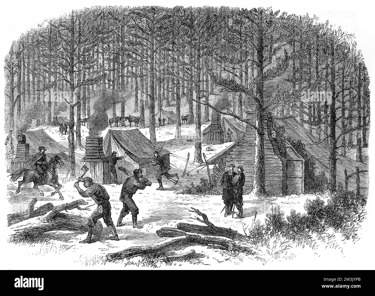 Die Abbildung zeigt General Stuarts Hauptquartier am Rapidan River; eine dickbewaldete Szene, in der Soldaten Bäume Fällen und Baumstämme hacken. Zu dieser Zeit versuchte die Armee der Konföderierten, sich nach Pennsylvania zu drängen. Datum: 1864 Stockfoto