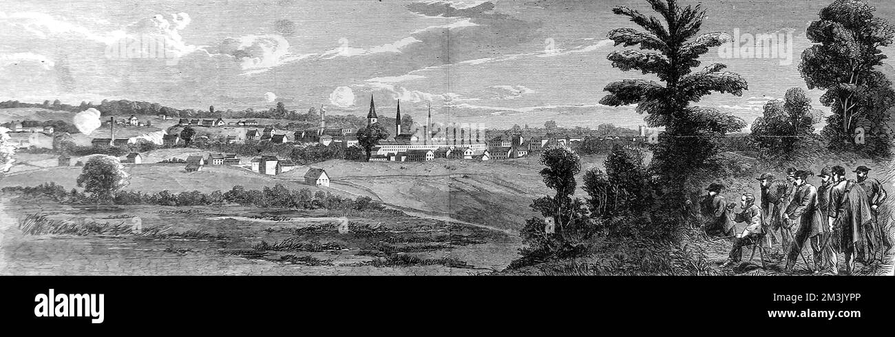 Ein Panorama von Petersburg, aus der Sicht von General Lees Hauptquartier, 1864. Eine neunmonatige Belagerung von Petersburg begann im Juni 1864, als die Unionistische Armee unter General Grant die Stadt der Konföderierten umgab, die von General Lees Armee verteidigt wurde. Stockfoto
