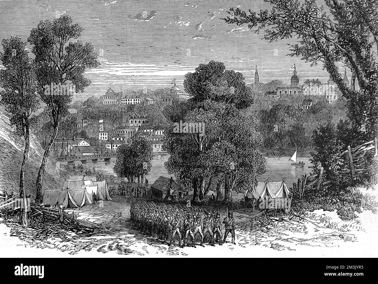 Imposante Szene von Petersburg, Virginia, mit Truppen im Vordergrund während des Amerikanischen Bürgerkriegs. Unionistische Truppen haben die Gelegenheit verpasst, Petersburg abzuschneiden, und es kam zu einer neunmonatigen Belagerung. Datum: 1864 Stockfoto
