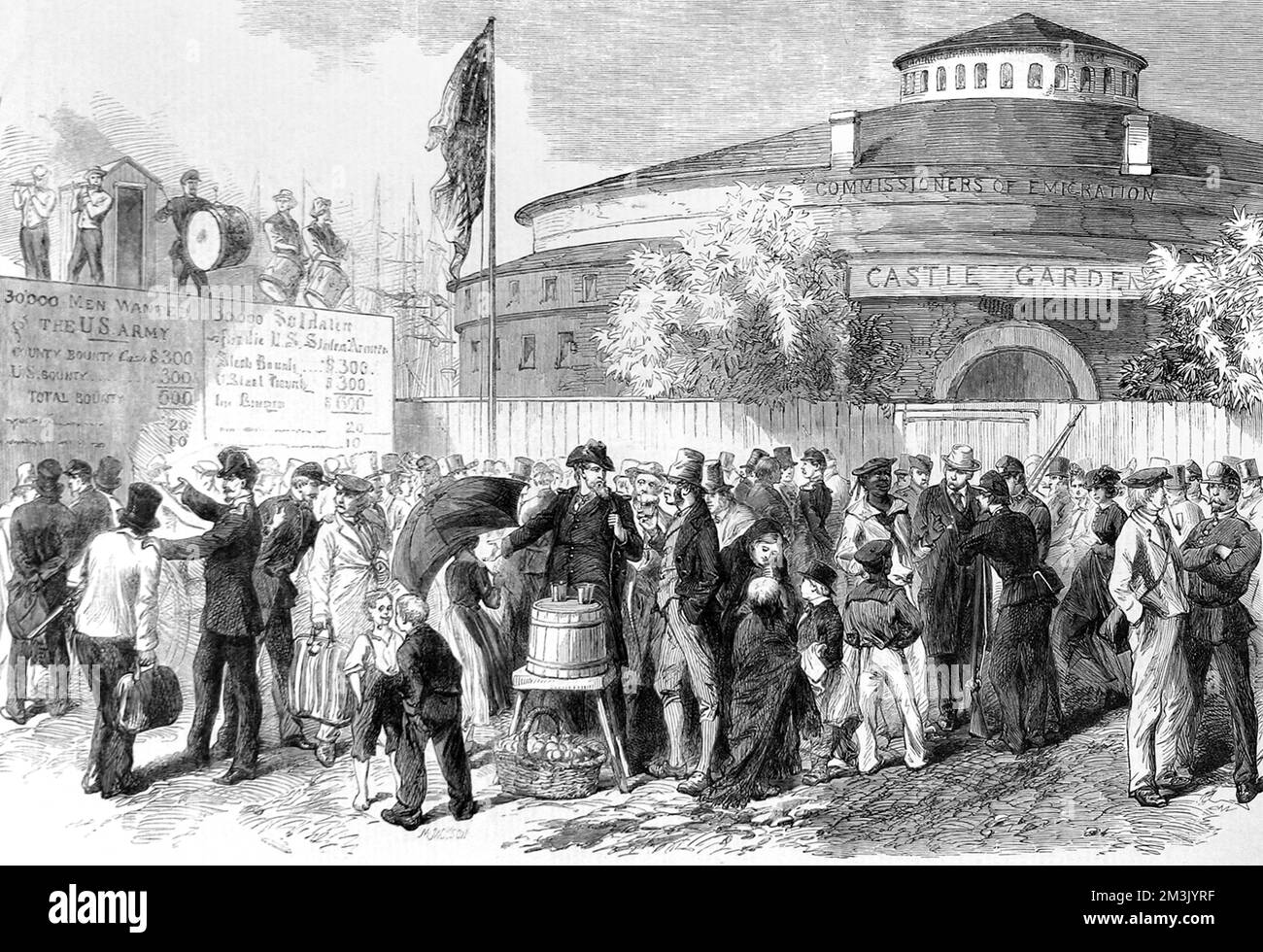 Rekrutierung deutscher und irischer Emigranten in die Unionistische Armee, auf der Battery in New York, während des Amerikanischen Bürgerkriegs. Stellenausschreibungen in Englisch und Deutsch sind im Hintergrund zu sehen. 1864 Stockfoto