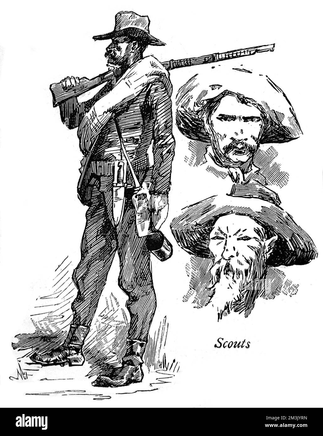 Ein alter US-Soldat und Porträts von lokalen Spähern, die an der Jagd nach Apachen-Indianern während eines der letzten Kriege zwischen den Indianern und der Bundesarmee in Süd-Arizona und Nord-Sonora, Alt-Mexiko, c.1887, teilnahmen. Datum: 1887 Stockfoto