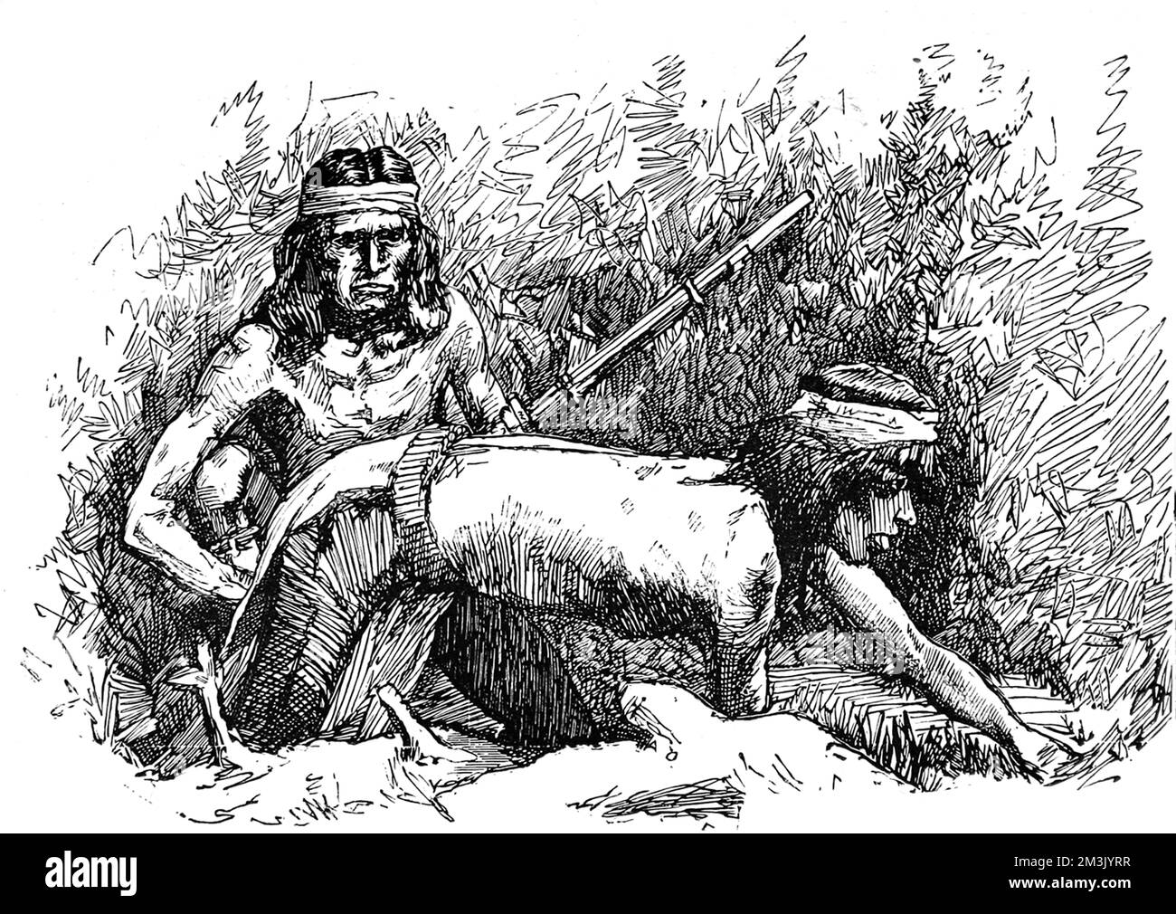 Zwei Apachen-Krieger in Hosen und Kopfplättchen bereiten sich auf einen Angriff auf eine weiße amerikanische Ranch vor. Dieses Bild wurde während des letzten Krieges zwischen den Apachen und der US-Armee in Süd-Arizona und Nord-Sonora, Old Mexico, c.1887, gemacht. Datum: 1887 Stockfoto
