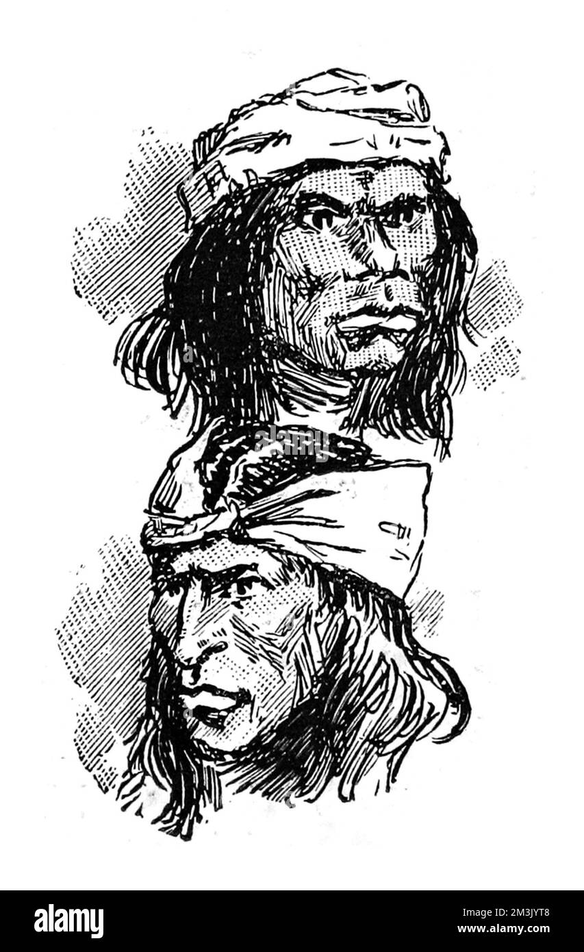 Porträts von zwei Apachen indianischen Kriegern. Dieses Bild wurde während des letzten Krieges zwischen den Apachen Indianern und der US-Armee in Süd-Arizona und Nord-Sonora, Old Mexico, c.1887, gemacht. Datum: 1887 Stockfoto