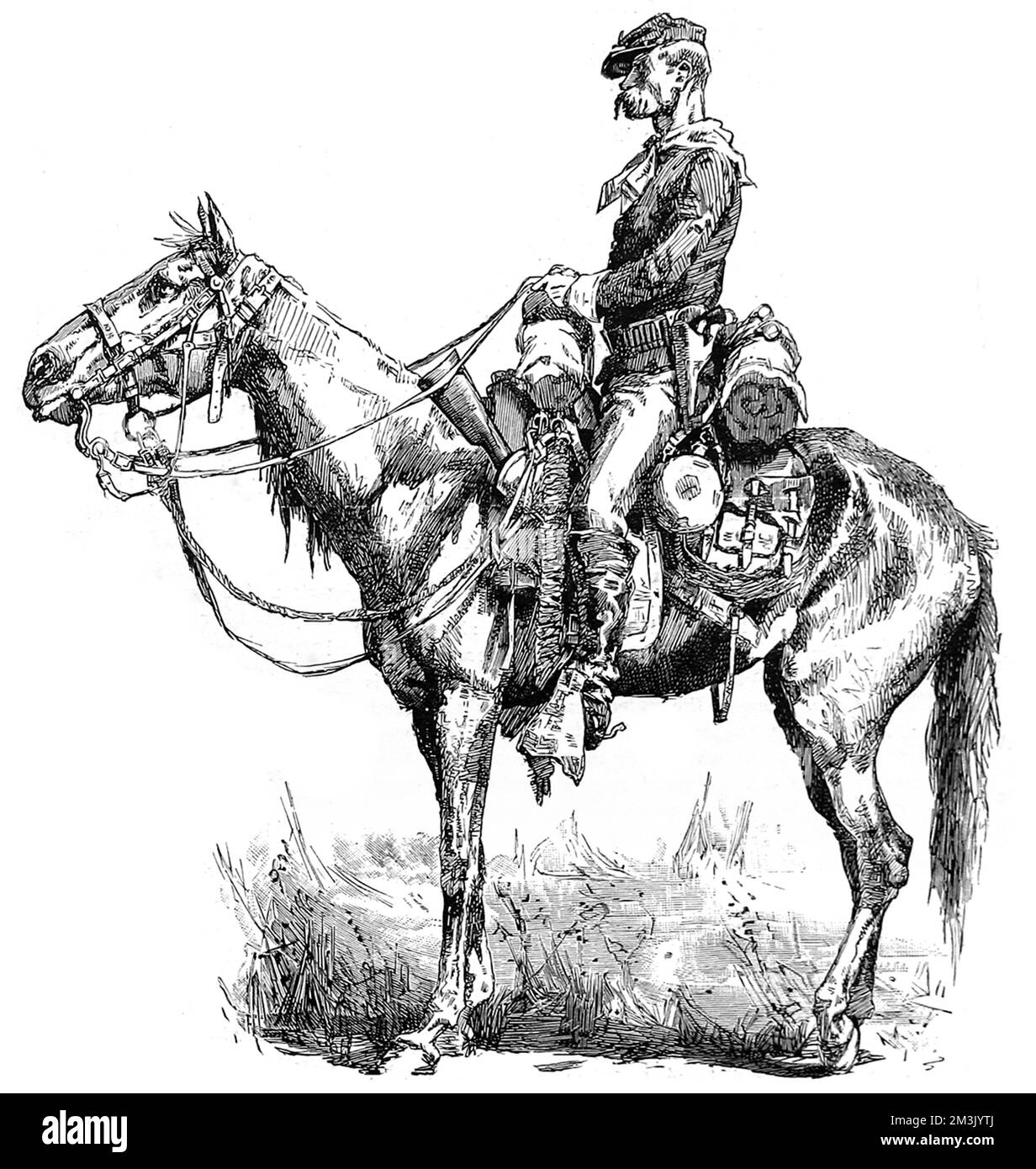 Porträt eines typischen US-Soldaten auf dem Pferderücken mit seinem Rucksack und Gewehr. Dieses Bild wurde während des letzten Krieges zwischen den Apachen Indianern und der US-Armee in Süd-Arizona und Nord-Sonora, Old Mexico, c.1887, gemacht. Datum: 1887 Stockfoto