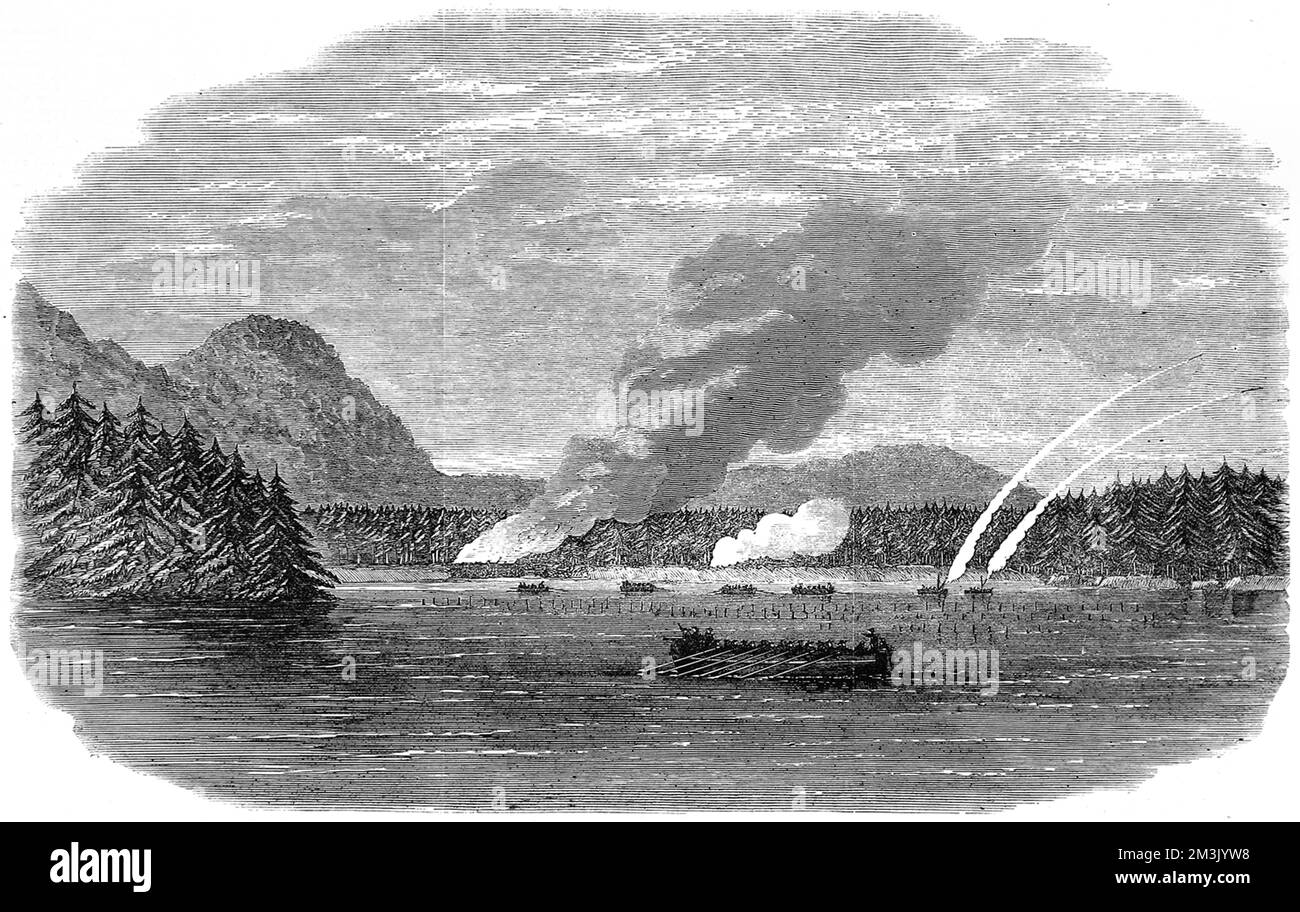 Die Boote von HMS „Sutlej“ und HMS „Devastation“ attackieren ein indianisches Dorf in Clayoquot Sound, Vancouver Island, 1864. Die britischen Boote griffen das indische Dorf als Vergeltung an, nachdem der Stamm der Ahousat ein kleines Schiff, den „Kingfisher“, plünderte und zerstörte, wodurch der Kapitän und die Besatzung getötet wurden. 1864 Stockfoto