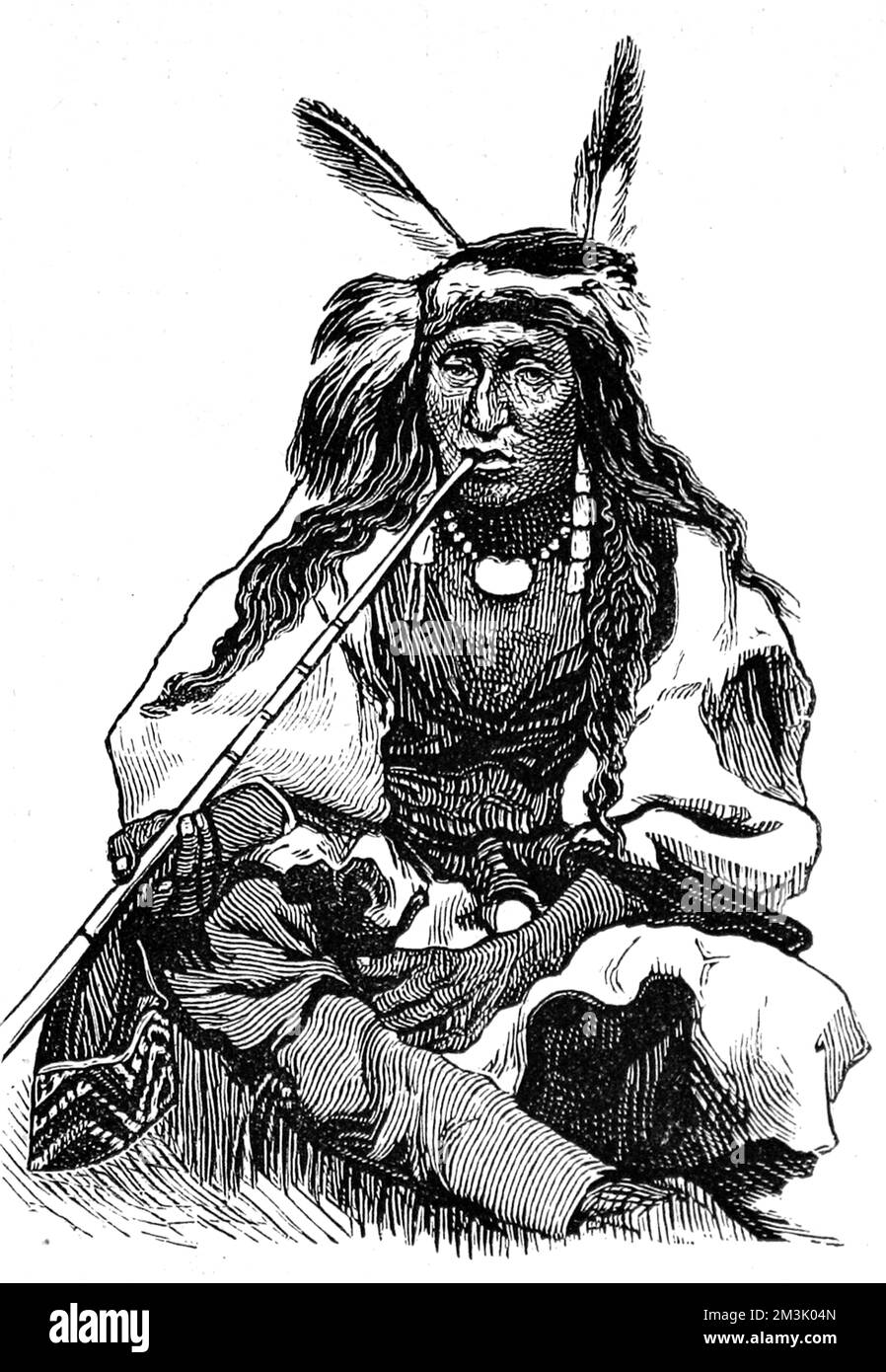 Indischer Häuptling raucht eine lange Pfeife mit Perlen und Federkopfschmuck. Datum: 1874 Stockfoto