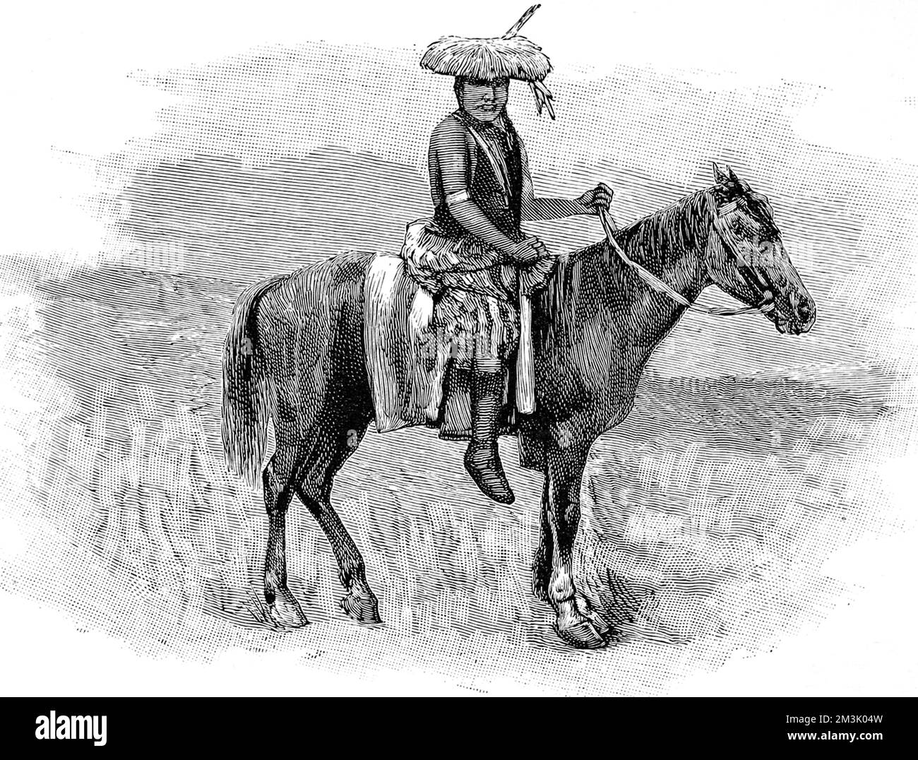 Indischer Häuptling auf dem Pferderücken, trägt ein flaches Federkopfkleid Datum: 1889 Stockfoto