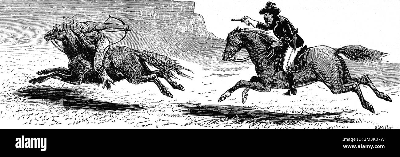 US-Soldat verfolgt einen Indianer, der versucht, sich umzudrehen und Pfeil und Bogen gegen den Soldat zu verwenden. Beide sind zu Pferd. Die Landschaft ist ein typischer Felsvorsprung. Datum: 1874 Stockfoto