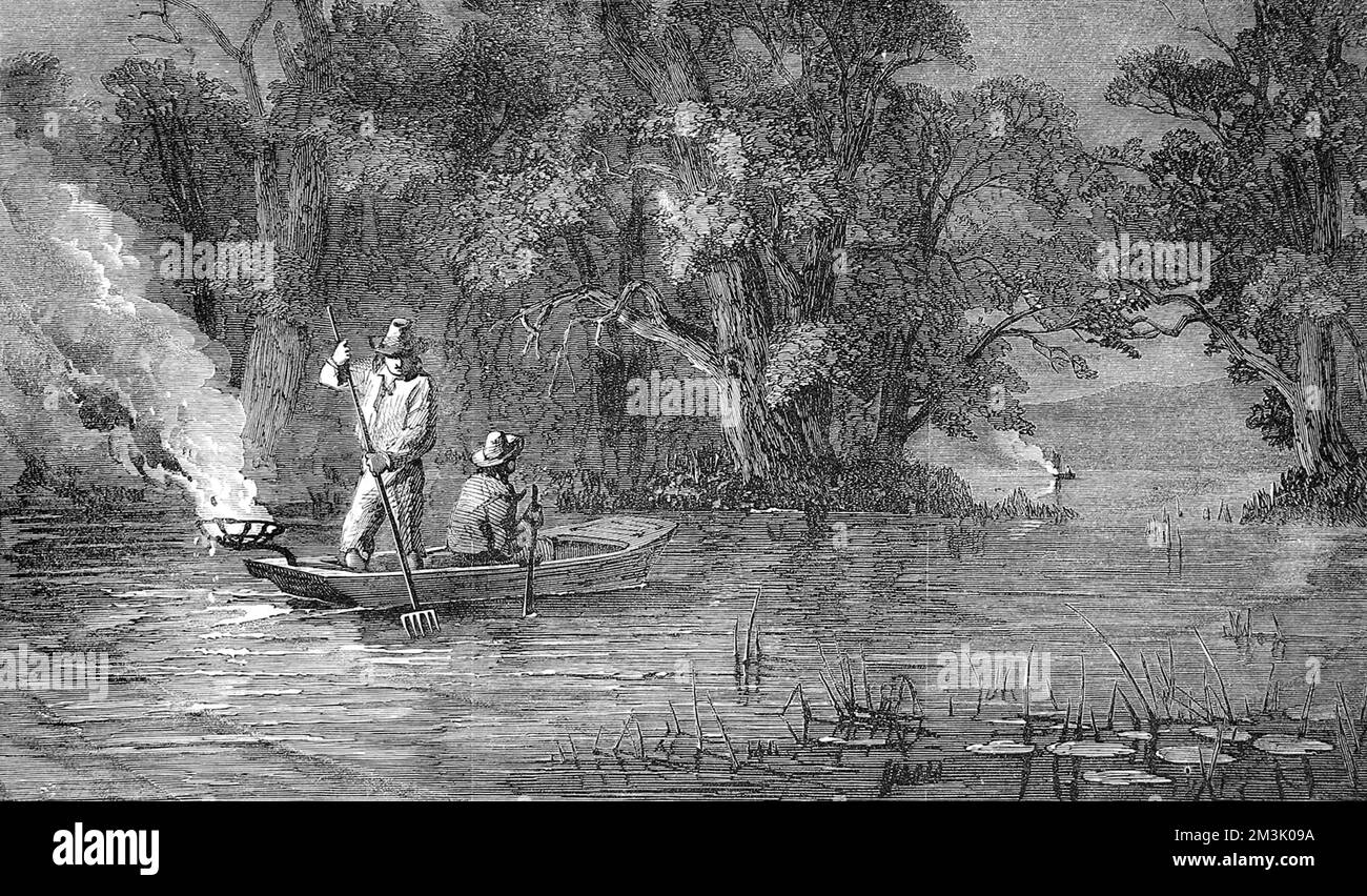 Amerikanisches Indianerland. Nachts-Speer-Fische. Stockfoto