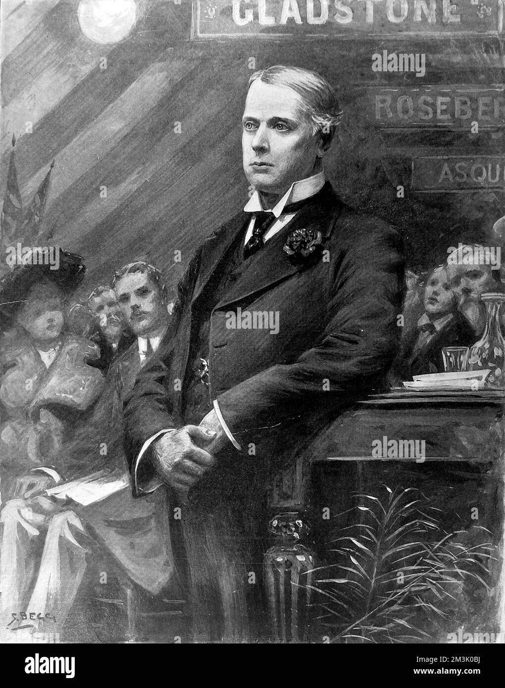 Archibald Philip Primrose, der 5.. Earl of Rosebery (1847-1929), hält seine Rede vor der Liberalen Partei in Chesterfield am 16.. Dezember 1901. 1894 folgte Rosebery Gladstone und wurde liberaler Premierminister. Rosebery war nicht nur eine politische Karriere, sondern auch ein engagierter Rennfahrer und Pferdebesitzer, der dreimal das Derby gewann. 1901 Stockfoto