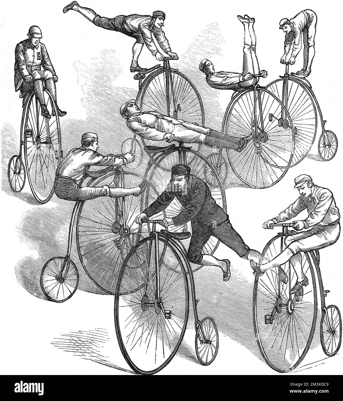 Eine Auswahl an Möglichkeiten, ein „Penny Farthing“-Fahrrad zu fahren, 1881 Stockfoto