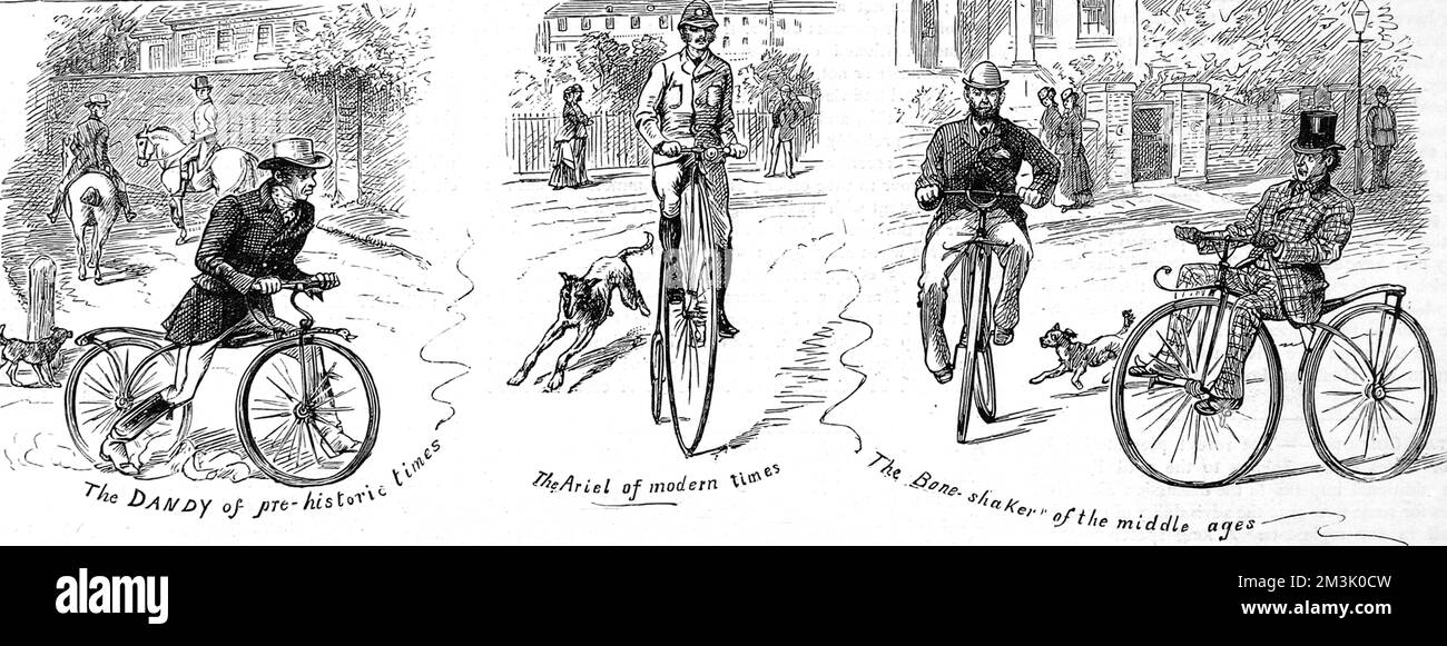 Drei Zeitalter in der Entwicklung des Fahrrads: Links, „der Dandy der prähistorischen Zeiten“ - ein Fahrrad aus dem frühen 19.. Jahrhundert ohne Pedale, das zu Fuß angetrieben wird. Auf der rechten Seite, „der Knochenschüttler des Mittelalters“ - Fahrrad aus der Mitte des 19.. Jahrhunderts, mit Pedalen. In der Mitte steht "das Arielle der Neuzeit" - ein "Penny Farthing" Fahrrad aus den 1870er Jahren. Stockfoto
