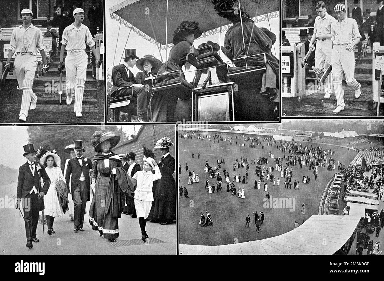 Verschiedene Ausblicke auf das Spiel Eton gegen Harrow Cricket, das 1910 auf dem Lords Cricket Ground, London, stattfand. Die Bilder zeigen (im Uhrzeigersinn von oben links): R.S.L. Fowler und D.G. Wigan of Eton; eine Gruppe von Zuschauern, die auf ihrer Kutsche sitzen; T.O. Jameson und T.B. Wilson von Harrow; der Boden während der Mittagspause; eine Familie, die am Boden ankommt. Stockfoto