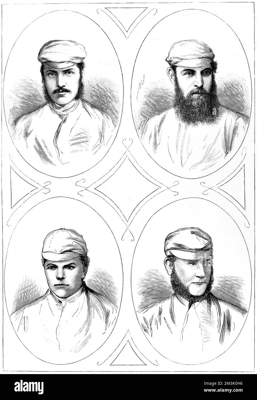 Vier führende englische Cricketspieler der Saison 1874. Von oben links, im Uhrzeigersinn: G.F. Grace Esq., W.G. Grace Esq., J. Southerton und Harry Jupp. Stockfoto