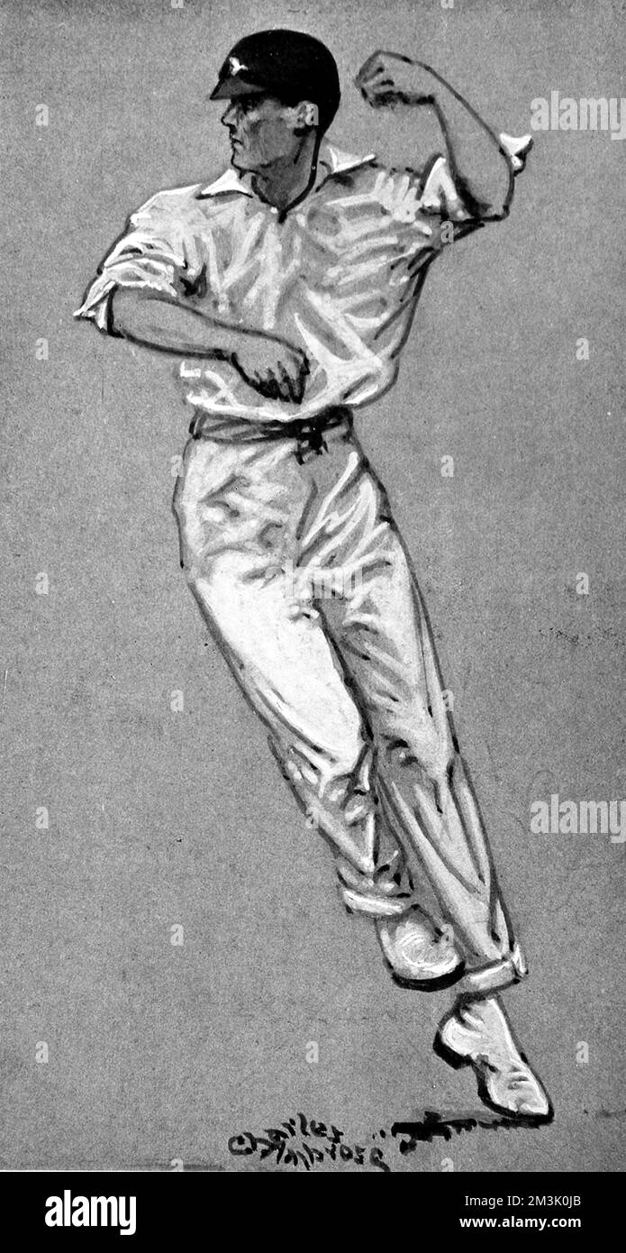 Illustration von Frank Woolley (1887-1978), dem Kent und England Allround-Cricketer, in der Saison 1920 abgebildet. Während einer erstklassigen Karriere von 1906 bis 1938 erzielte Woolley fast 60.000 Läufe und übernahm über 2000 Wickets. Datum: 1920 Stockfoto