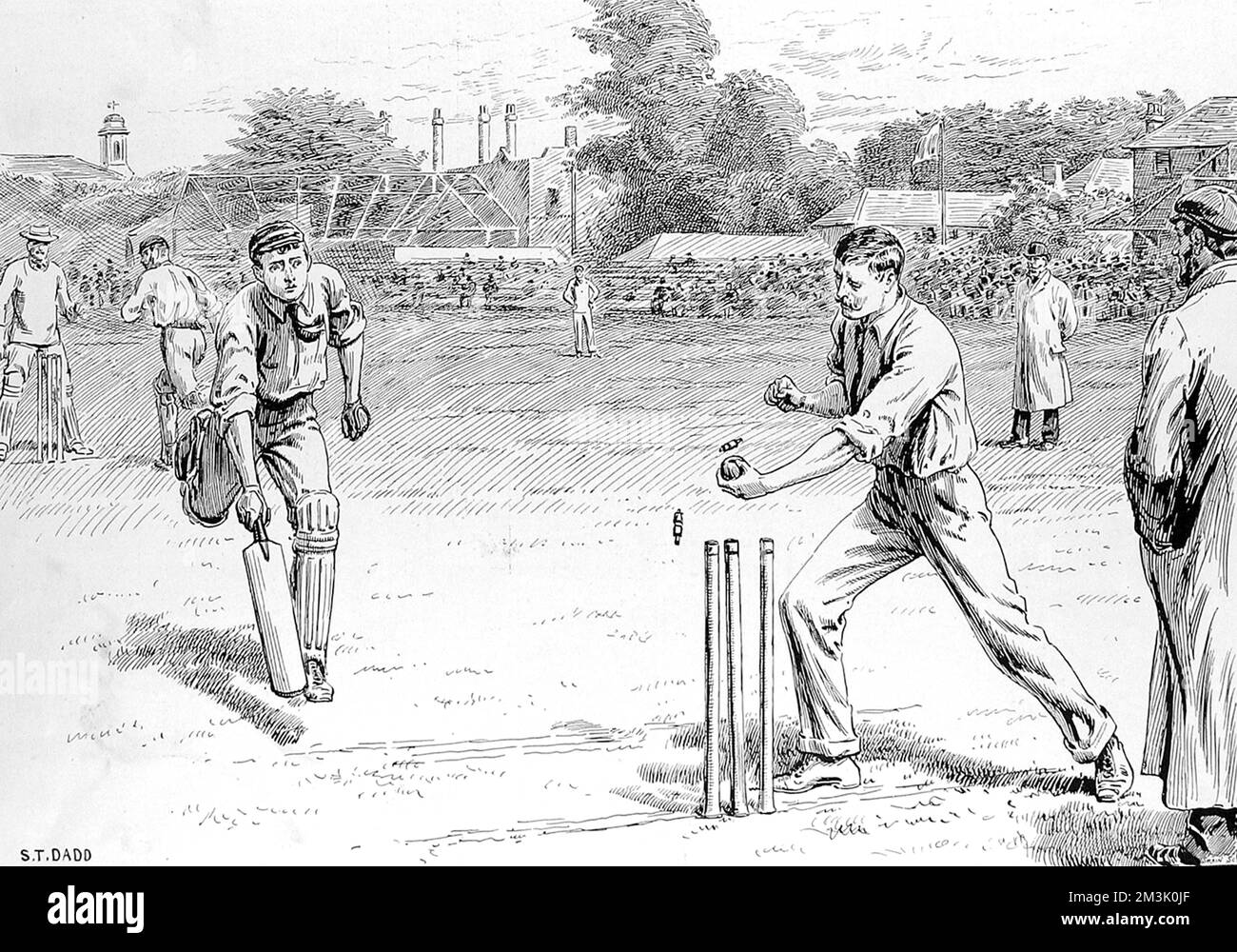 Gravur, die zeigt, wie ein Fielder einen der Schlagmänner während eines Cricket-Spiels auf Lord's Cricket Ground, London, 1895, verlässt. Datum: 1895 Stockfoto
