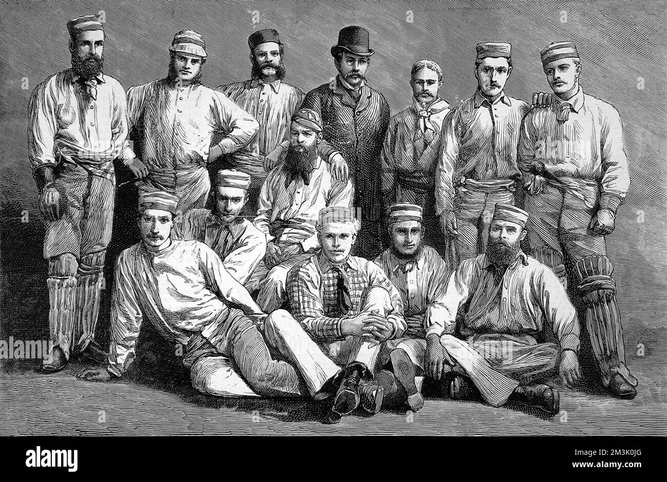Das australische Cricket-Team, das 1878 England bereiste, war nur das zweite australische Team, das die Reise machte. Hintere Reihe, von links nach rechts: J. Blackham, T. Horan, G.H. Bailey, J.Conway (Manager), A. Bannerman, C. Bannerman, W.L. Murdoch. Erste Reihe, von links nach rechts: F.R. Spofforth, F.E. Allen, D.W. Gregory, W. Midwinter, T.W. Garrett, H.F. Boyle, Ich Bin'S. 1878 Stockfoto