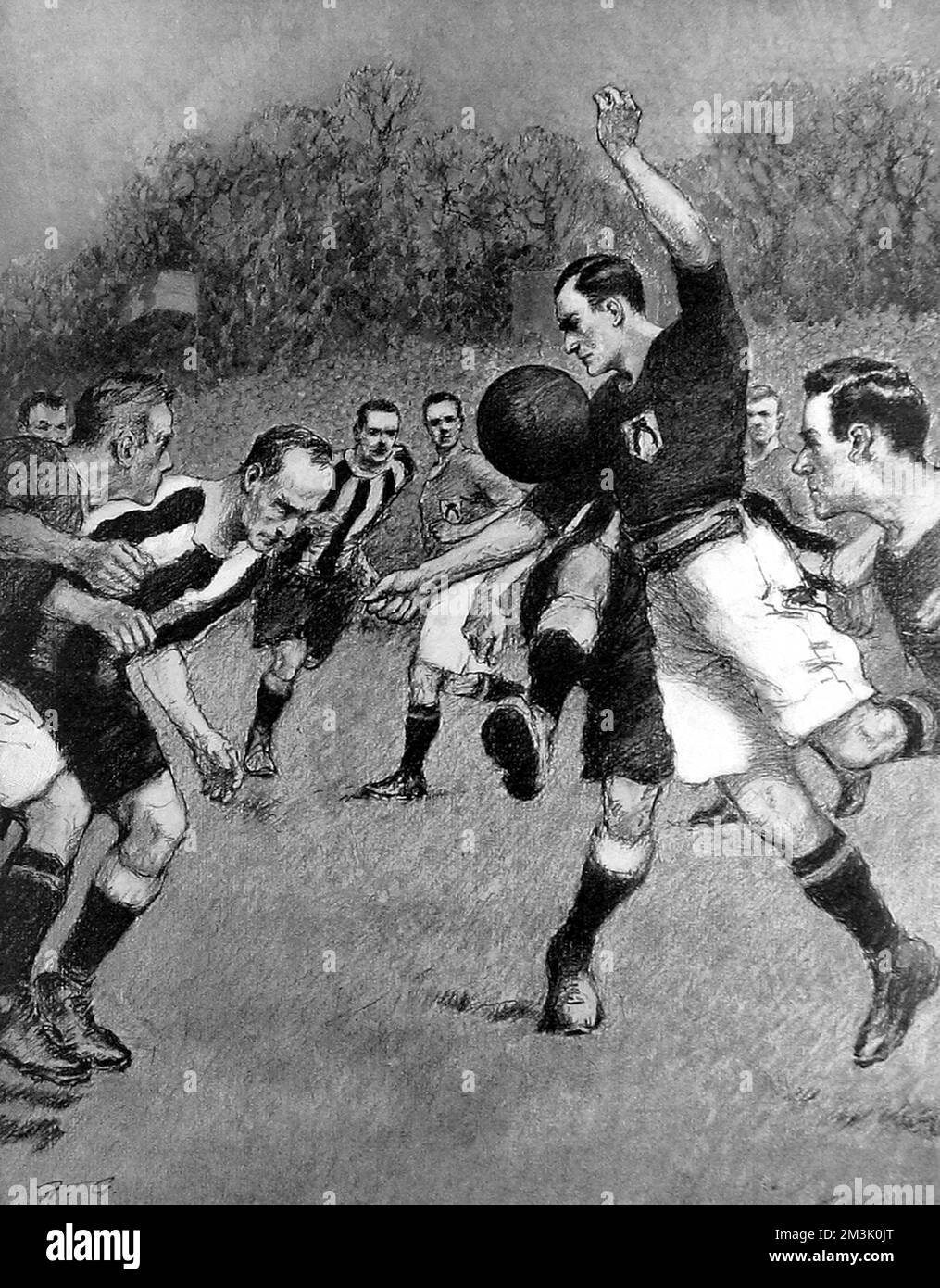 Finale zwischen Newcastle United und Barnsley, mit einem der Barnsley-Verteidiger (in dunklen Hemden), der den Ball hinunter kämpft; Crystal Palace Football Ground, 23.. April 1910. Dieses Spiel endete mit einem Unentschieden von 1-1. 5 Tage später wurde in Liverpool ein erneutes Spiel gespielt, bei dem Newcastle 2-0 gewonnen hat. 1910 Stockfoto