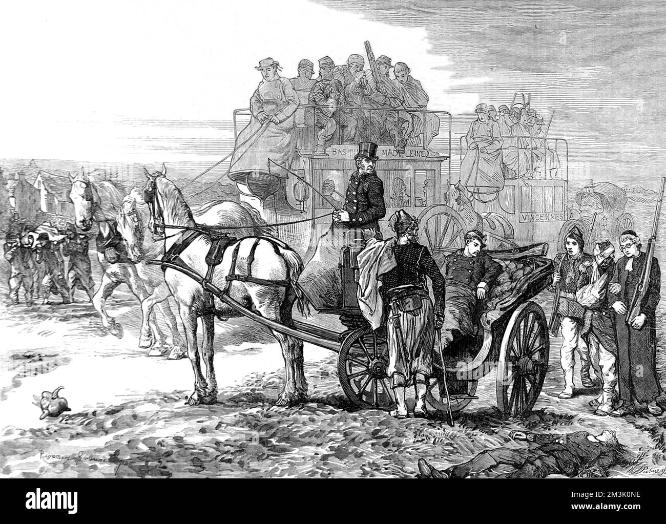 Französische Soldaten, verwundet bei Zusammenstößen mit der preußischen Armee, die vom Schlachtfeld in privaten und öffentlichen Kutschen transportiert wurde, Paris, 1870. Ein Kurat hilft einem Verwundeten in Sicherheit, hält sein Gewehr hinter einer Leiche. Stockfoto