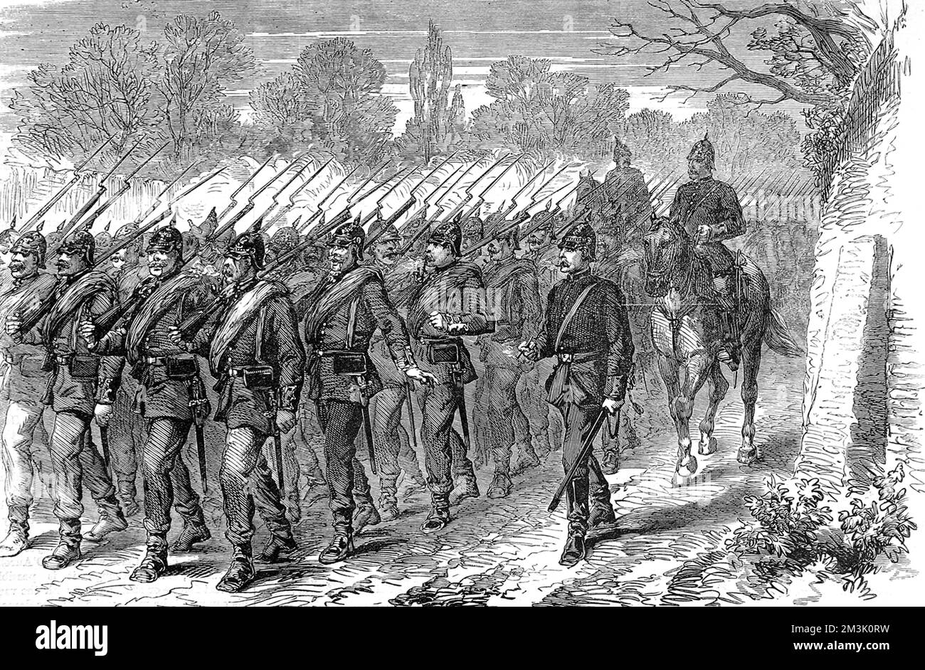 Das 24.. Preußische Regiment kehrte während der Belagerung von Paris im Winter 1870-1 aus der Schlacht zurück. Wie dieses Bild zeigt, waren die preußischen Truppen gut bewaffnet und sehr diszipliniert. Stockfoto
