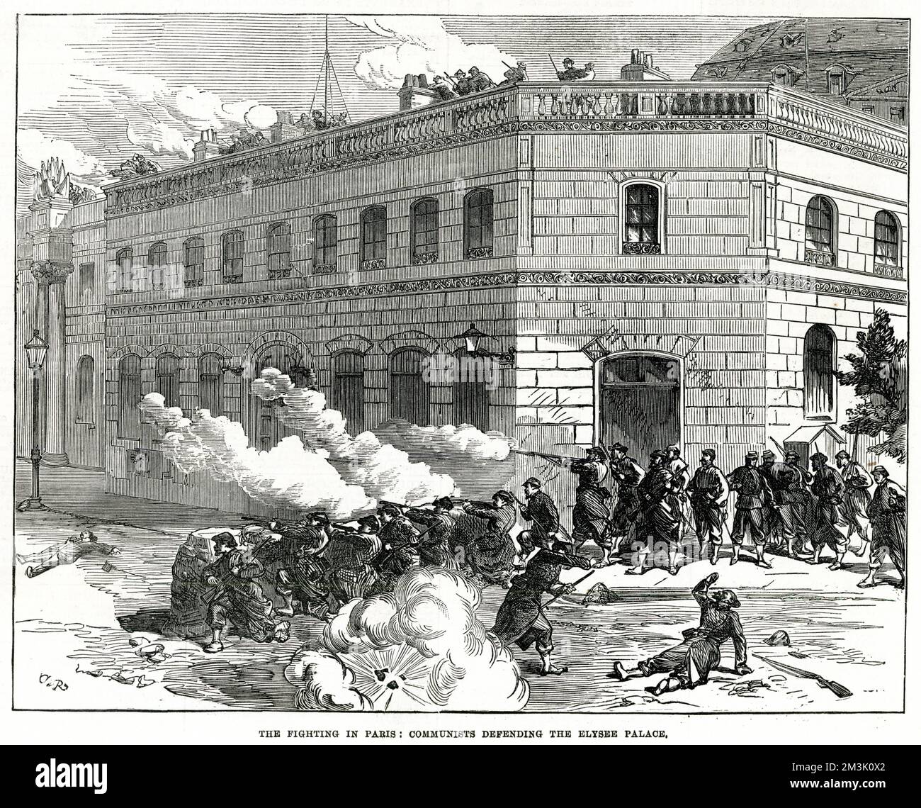 Kommunisten verteidigen Barrikaden in der Nähe des Elysee-Palastes, während des Kampfes mit den Truppen der Versailles-Regierung, Paris, 1871. Datum: 1871 Stockfoto