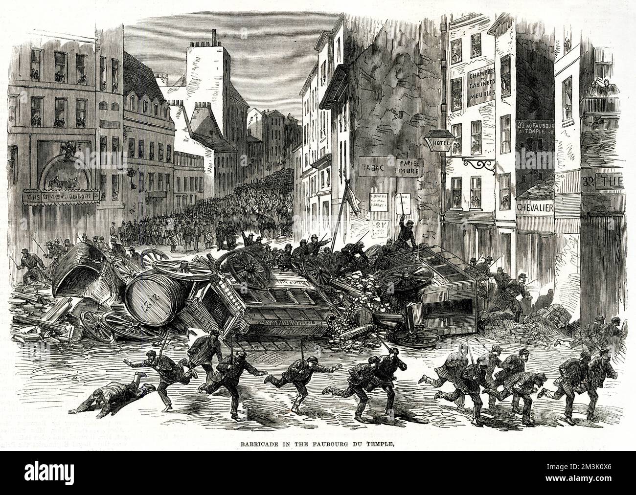 Barrikaden im Faubourg du Temple im Jahr 1870; Bürgerunruhen destabilisierten Paris, obwohl die preußische Armee ihren Angriff auf Frankreich begann. Datum: 1870 Stockfoto