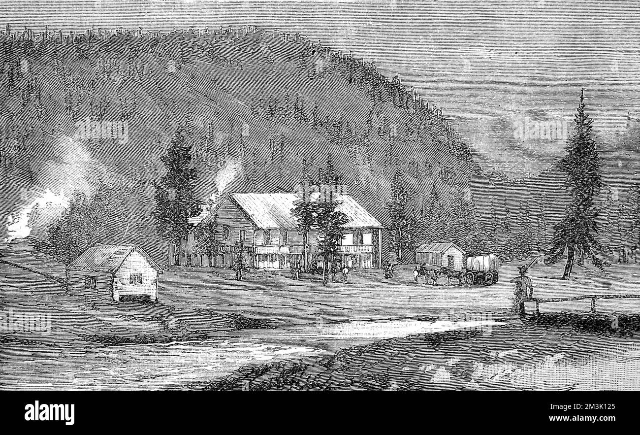 Die Blockhütten von Henderson and Klamer's Hotel, Fire-Hole Basin, Yellowstone Park, USA, 1888. Im März 1872 machte Präsident Grant Yellowstone zum Nationalpark, "...zum Wohle und zum Vergnügen der Menschen." 1888 Stockfoto
