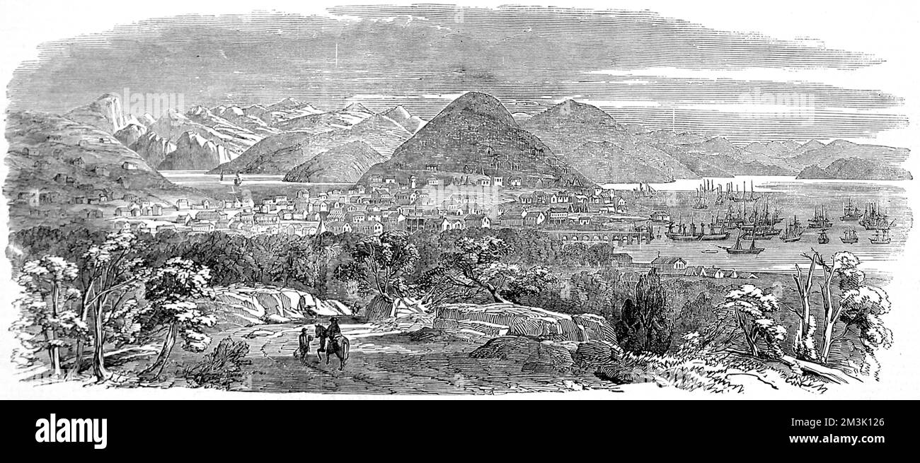 Die Stadt San Francisco stand in den 1850er Jahren unter dem Goldfieber und wuchs mit jedem Tag an Einwohnern. Jeden Tag kamen 2.000 Einwanderer auf dem Seeweg an. Datum: 1850 Stockfoto