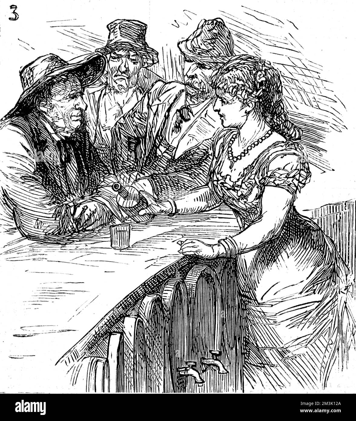 Eine Bar-Zimmer-Szene mit Bardame und drei Cowboys in einer nordamerikanischen "Grenzstadt", c.1880. Stockfoto