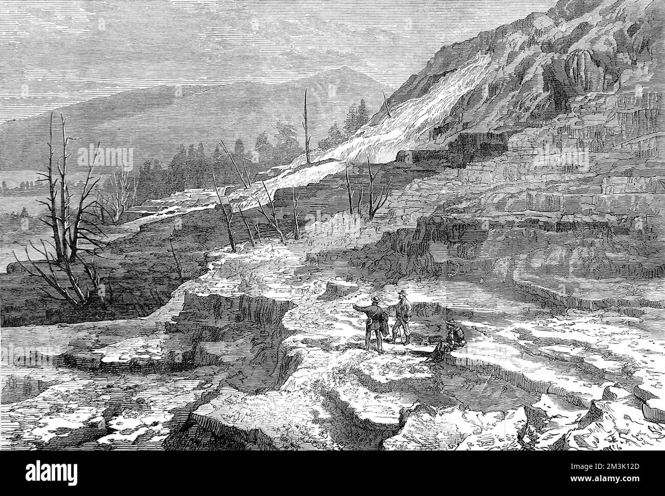 Mehrere Touristen in Mammoth Hot Springs, Gardiner's River, Yellowstone National Park, 1874. Im März 1872 machte Präsident Grant Yellowstone zum Nationalpark, "...zum Wohle und zum Vergnügen der Menschen." Stockfoto