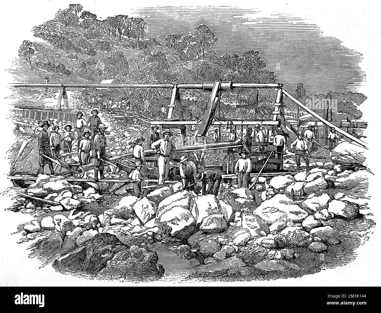 Die Industry Bar war ein stark abgebautes Gebiet der kalifornischen Goldgruben, und diese Gravur auf einem Foto zeigt das aufwendige System, das Wasser in das Bergbaugebiet bringt. Datum: 1853 Stockfoto