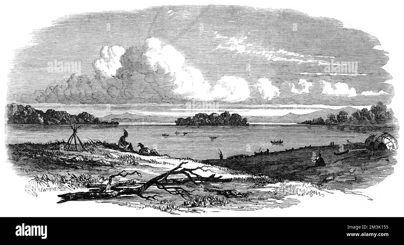 Die Szene zeigt den Missippi River und seine indigene indianische Bevölkerung, die wilden Reis anbaut und Wasservögel in der Region jagt. Datum: 1858 Stockfoto